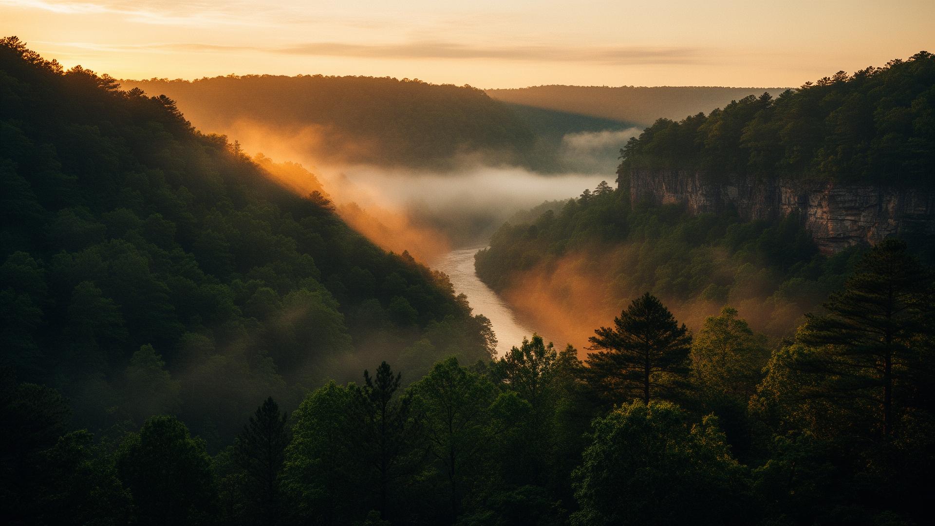 Mist rising over the Buffalo River valley at dawn in the Arkansas Ozarks